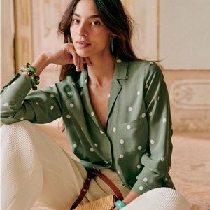 Sezane Florence shirt khaki/ecru polka dots size 2 new with tags